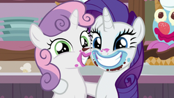 Size: 1280x720 | Tagged: safe, screencap, rarity, sweetie belle, forever filly, g4, clown surprise, cute, diasweetes, female, food, happy, ice cream, ice cream shop, plate, raribetes, sisters, smiling