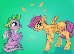 Size: 1800x1300 | Tagged: safe, artist:laurabaggins, artist:laurasscetches, scootaloo, spike, dragon, pegasus, pony, g4, commission, confused, couple, crying, dripping, drool, embarrassed, feather, female, floppy ears, male, sad, scootaloo can't fly, scootasad, ship:scootaspike, shipping, simple background, straight, teary eyes, winged spike, wings