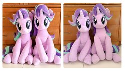 Size: 1200x675 | Tagged: safe, artist:nekokevin, starlight glimmer, pony, unicorn, series:nekokevin's glimmy, g4, comparison, cute, duality, duo, female, glimmerbetes, irl, looking at you, mare, photo, plushie, self ponidox, sitting, size comparison, smiling