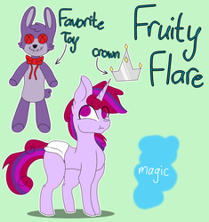 Size: 1024x1089 | Tagged: safe, artist:tomboygirl45, oc, oc only, oc:fruity flare, pony, unicorn, baby, baby pony, bunny plushie, colt, diaper, five nights at freddy's, magical lesbian spawn, male, offspring, parent:pinkie pie, parent:twilight sparkle, parents:twinkie, reference sheet, solo