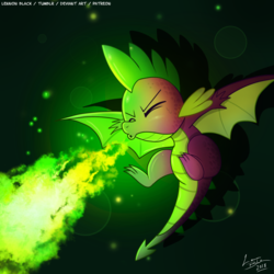 Size: 1200x1200 | Tagged: safe, artist:lennonblack, spike, dragon, g4, molt down, eyes closed, fire, fire breath, green fire, male, solo, winged spike, wings