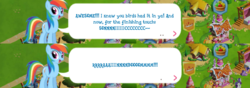 Size: 1022x358 | Tagged: safe, gameloft, rainbow dash, g4, my little pony: the movie, apple, cropped, cute, dashabetes, dialogue, food, game, happy, house, houses, implied captain celaeno, smiling, sonic rainboom, speech, talking
