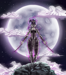 Size: 1500x1695 | Tagged: safe, artist:brother-lionheart, starlight glimmer, human, g4, female, full moon, humanized, looking at you, moon, night, sky, solo, stars, weapon