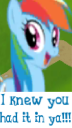 Size: 221x392 | Tagged: safe, artist:horsesplease, gameloft, rainbow dash, g4, bronybait, caption, congratulations, courage, cute, dashabetes, expand dong, exploitable meme, happy, image macro, meme, motivation, smiling, wow! glimmer