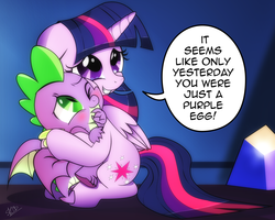 Size: 1444x1155 | Tagged: safe, artist:dsana, spike, twilight sparkle, alicorn, dragon, pony, molt down, season 8, spoiler:s08, baby, baby dragon, blushing, crying, cute, cutie mark, daaaaaaaaaaaw, dialogue, dsana is trying to murder us, featured image, female, floppy ears, folded wings, green eyes, grin, hnnng, hug, male, mama twilight, mare, one eye closed, proud, reminiscing, signature, sitting, smiling, speech bubble, spikabetes, spikelove, spread wings, squishy cheeks, sweet dreams fuel, tears of joy, text, they grow up so fast, twiabetes, twilight sparkle (alicorn), twilight's castle, weapons-grade cute, winged spike, wings, wink