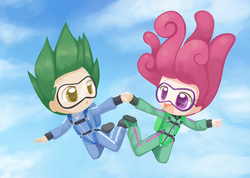 Size: 1125x800 | Tagged: safe, artist:howxu, oc, oc only, oc:software patch, oc:windcatcher, human, chibi, clothes, commission, duo, falling, holding hands, humanized, humanized oc, not pinkie pie, not spike, open mouth, parachute, safety goggles, sky background, skydiving, suit, windpatch