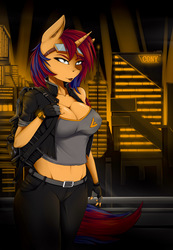 Size: 4500x6500 | Tagged: safe, artist:redwix, oc, oc only, oc:sweet voltage, unicorn, anthro, absurd resolution, anthro oc, backpack, breasts, city, cityscape, cleavage, clothes, digital art, female, fingerless gloves, gloves, goggles, mare, nail polish, night, sexy, sinfully sexy, solo