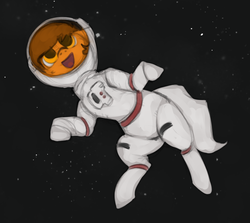 Size: 1105x984 | Tagged: safe, artist:marsminer, oc, oc only, oc:venus spring, pony, astronaut, floating, smiling, solo, space, spacesuit, stars, venus spring actually having a pretty good time