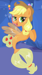 Size: 266x474 | Tagged: safe, artist:user15432, applejack, earth pony, pegasus, pony, seapony (g4), g4, my little pony: the movie, spoiler:my little pony the movie, applejack's hat, bubble, clothes, cowboy hat, cropped, dorsal fin, enjoy dressup, female, fin, fin wings, fins, fish tail, flapplejack, flowing mane, flowing tail, hasbro, hasbro studios, hat, lidded eyes, looking at you, mare, ocean, open mouth, open smile, race swap, scales, sea ponies, seaponified, seapony applejack, seaquestria, see-through, smiling, smiling at you, solo, species swap, swimming, tail, underwater, water, wings
