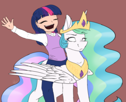 Size: 5526x4470 | Tagged: safe, artist:ggchristian, princess celestia, twilight sparkle, human, g4, absurd resolution, celestia is not amused, humanized, humans riding ponies, riding, simple background, sweater vest, twilight riding celestia, unamused