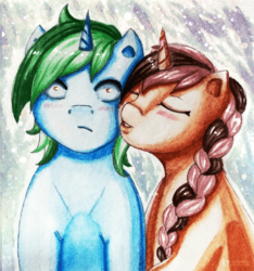 Size: 700x747 | Tagged: artist needed, safe, oc, oc:aria stone, oc:trailbreaker, pony, unicorn, cheek kiss, couple, cute, kissing, surprise kiss, surprised, traditional art, watercolor painting