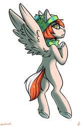 Size: 699x1080 | Tagged: safe, artist:serodart, oc, oc only, pegasus, pony, clothes, ear fluff, flying, hat, scarf, solo