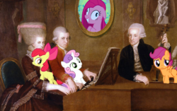 Size: 1509x945 | Tagged: safe, apple bloom, pinkie pie, scootaloo, sweetie belle, earth pony, human, pegasus, pony, unicorn, g4, bow, female, filly, hair bow, harpsichord, leopold mozart, mare, maria anna mozart, mozart, musical instrument, pinkamena diane pie, powdered wig, violin, wig, wolfgang amadeus mozart