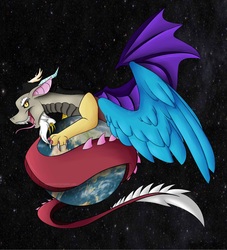 Size: 2719x3000 | Tagged: safe, artist:scarlettnovel, discord, draconequus, earth, high res, macro, male, planet, pony bigger than a planet, solo, space, tangible heavenly object