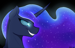 Size: 2000x1287 | Tagged: safe, artist:kirasunnight, nightmare moon, alicorn, pony, g4, bust, curved horn, ethereal mane, female, glowing eyes, grin, horn, mare, portrait, profile, side view, signature, smiling, solo, starry mane