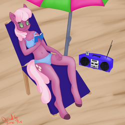 Size: 2000x2000 | Tagged: safe, artist:darnelg, cheerilee, earth pony, anthro, unguligrade anthro, g4, beach, bikini, clothes, female, high res, looking at you, reading, relaxing, swimsuit, umbrella