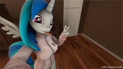 Size: 1920x1080 | Tagged: safe, artist:gr-vinyl-scratch, dj pon-3, vinyl scratch, alicorn, anthro, g4, 3d, alicornified, bedroom, clothes, female, jacket, looking at you, peace sign, race swap, selfie, solo, source filmmaker, tongue out