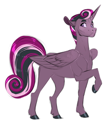 Size: 1105x1222 | Tagged: safe, artist:vindhov, oc, oc only, alicorn, pony, adoptable, alicorn oc, digital art, looking sideways, male, next generation, offspring, parent:king sombra, parent:princess cadance, parents:somdance, raised hoof, realistic horse legs, simple background, solo, stallion, white background