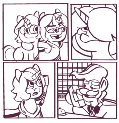 Size: 700x724 | Tagged: safe, artist:mattdrawstoons, artist:zeebs, oc, oc only, oc:plasma heart, diamond dog, earth pony, pony, unicorn, bow ties, cyoa, cyoa:space frontier, description is relevant, dialogue, elderly, facial hair, hat, monochrome, moustache, space, story included
