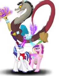 Size: 1024x1325 | Tagged: safe, artist:fluffeh-shiba, discord, princess cadance, shining armor, draconequus, genie, pony, unicorn, g4, aladdin, crossover, female, genie discord, looking at each other, male, mare, ship:shiningcadance, shipping, simple background, smiling, stallion, straight, transparent background, watermark