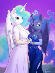 Size: 1800x2400 | Tagged: safe, artist:punk-pegasus, princess celestia, princess luna, alicorn, anthro, g4, alicorns only, breasts, cleavage, clothes, dress, duo, duo female, ear piercing, evening gloves, female, gloves, holding hands, jewelry, long gloves, mare, necklace, piercing, royal sisters, siblings, side slit, sisters