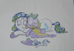 Size: 664x463 | Tagged: safe, artist:hillbe, rarity, spike, g4, clothes, doll, female, hair curlers, male, ship:sparity, shipping, sleeping, slippers, straight, toy, traditional art