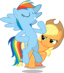 Size: 836x955 | Tagged: safe, artist:famousmari5, applejack, rainbow dash, earth pony, pegasus, pony, g4, non-compete clause, annoyed, duo, eyes closed, female, hat, mare, simple background, smiling, transparent background, vector