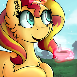 Size: 1000x1000 | Tagged: safe, artist:deraniel, sunset shimmer, pony, unicorn, g4, cup, cute, female, food, glowing horn, horn, magic, open mouth, shimmerbetes, smiling, solo, tea, teacup, telekinesis