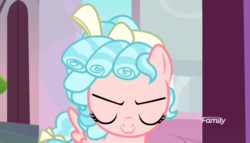 Size: 1413x808 | Tagged: safe, screencap, cozy glow, pegasus, pony, g4, marks for effort, bow, discovery family logo, eyes closed, female, filly, hair bow, smiling, smirk, tail bow