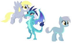 Size: 972x592 | Tagged: safe, artist:theturtleteen, derpy hooves, princess ember, g4, crack shipping, emberhooves, family, female, interspecies offspring, lesbian, magical lesbian spawn, offspring, parent:derpy hooves, parent:princess ember, shipping, simple background, white background