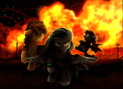 Size: 3509x2550 | Tagged: safe, artist:pridark, oc, oc only, bat pony, earth pony, pegasus, pony, fallout equestria, bat pony oc, commission, explosion, fire, high res, night, open mouth, pipbuck, raised hoof, saddle bag, stars, wasteland
