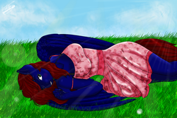Size: 1200x800 | Tagged: safe, artist:keitunore, oc, oc only, oc:night coder, pegasus, anthro, blushing, bra strap, breasts, clothes, crepuscular rays, dress, female, grass, lying down, mare, one eye closed, smiling, solo, strap slip, sundress, wings, ych result