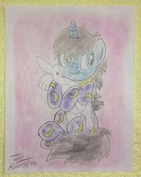 Size: 1592x2000 | Tagged: safe, artist:jerrykenway, oc, oc only, oc:blue moon, pony, unicorn, bunny plushie, clothes, female, filly, footed sleeper, happy, hug, moon, pajamas, plushie, signature, simple background, sitting, smiling, solo, traditional art