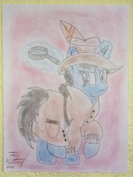 Size: 1500x2000 | Tagged: safe, artist:jerrykenway, oc, oc only, oc:blue moon, pony, unicorn, clothes, detective, female, filly, hat, levitation, looking at you, magic, magnifying glass, simple background, suspicious, telekinesis, traditional art, trotting
