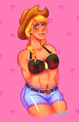 Size: 1033x1581 | Tagged: safe, artist:cosmicponye, applejack, human, g4, abs, belly, belly button, belt, bra, breasts, busty applejack, cleavage, clothes, cowboy hat, female, freckles, hands behind back, hat, heart, humanized, looking at you, midriff, muscles, shorts, signature, simple background, smiling, solo, stetson, underwear