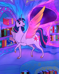 Size: 1200x1500 | Tagged: safe, artist:hengebellika, twilight sparkle, alicorn, pony, g4, book, female, hoers, library, night, solo, twilight sparkle (alicorn), wings
