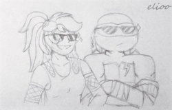 Size: 640x409 | Tagged: safe, artist:elioo, rainbow dash, equestria girls, g4, crossed arms, crossover, crossover shipping, female, male, monochrome, raiphael, raphael, shipping, smiling, straight, sunglasses, teenage mutant ninja turtles, traditional art