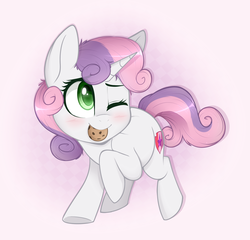 Size: 1457x1396 | Tagged: safe, artist:higglytownhero, sweetie belle, pony, unicorn, g4, blushing, cookie, cute, daaaaaaaaaaaw, diasweetes, female, filly, foal, food, hnnng, mouth hold, one eye closed, simple background, smiling, solo, thief, weapons-grade cute, white background, wink