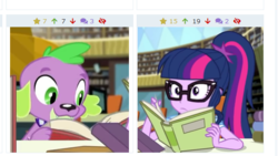 Size: 552x312 | Tagged: safe, screencap, sci-twi, spike, spike the regular dog, twilight sparkle, dog, derpibooru, equestria girls, equestria girls specials, g4, my little pony equestria girls: better together, my little pony equestria girls: forgotten friendship, book, cropped, female, glasses, juxtaposition, juxtaposition win, male, meme, meta, puppy, reading