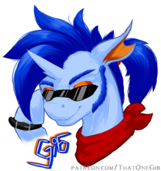 Size: 900x957 | Tagged: safe, artist:thatonegib, oc, oc only, oc:gib riel-delano, changedling, changeling, bandana, belt, belt buckle, changedling oc, hoofband, looking at you, patreon, patreon link, ponytail, signature, simple background, solo, sunglasses, transparent background, wristband