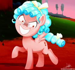 Size: 1871x1742 | Tagged: safe, artist:the-butch-x, cozy glow, pegasus, pony, g4, marks for effort, cozy glow is best facemaker, cozy glow's true goal, crazy glow, evil grin, female, filly, foal, freckles, grin, hilarious in hindsight, op was right, raised hoof, signature, slasher smile, smiling, solo