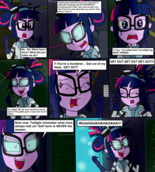 Size: 2065x2292 | Tagged: safe, artist:eagc7, sci-twi, twilight sparkle, human, comic:twilight's lab, equestria girls, g4, mad twience, my little pony equestria girls: summertime shorts, chalkboard, clothes, comic, commission, crying, dialogue, dr jekyll and mr hyde, evil laugh, female, glasses, gloves, glowing eyes, goggles, high res, implied death, implied grimdark, implied murder, insanity, lab coat, midnight sparkle, possessed, possession, shading, solo, split personality, text