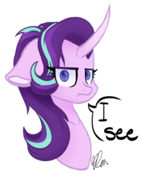 Size: 554x667 | Tagged: safe, artist:donnie-moon, starlight glimmer, pony, unicorn, g4, marks for effort, :i, :t, bust, colored pupils, curved horn, eyelashes, female, floppy ears, horn, i mean i see, looking at you, mare, signature, simple background, solo, talking, transparent background