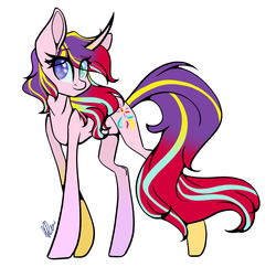 Size: 1897x1836 | Tagged: safe, artist:donnie-moon, starlight glimmer, sunset shimmer, pony, unicorn, g4, colored pupils, curved horn, female, fusion, heterochromia, horn, looking at you, mare, simple background, solo, white background