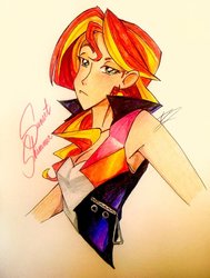 Size: 600x792 | Tagged: safe, artist:artfrog75, sunset shimmer, human, g4, armpits, female, humanized, signature, solo, traditional art