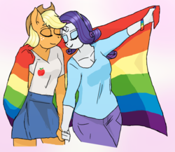 Size: 720x624 | Tagged: safe, artist:eulicious, applejack, rarity, anthro, g4, eyes closed, female, gay pride flag, holding hands, lesbian, pride, pride flag, pride month, ship:rarijack, shipping, simple background