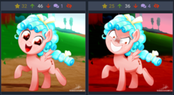Size: 1280x701 | Tagged: safe, artist:the-butch-x, cozy glow, pegasus, pony, derpibooru, g4, marks for effort, cozy glow is best facemaker, crazy glow, evil grin, female, filly, foal, freckles, grin, juxtaposition, meta, raised hoof, signature, smiling, solo