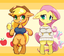 Size: 700x609 | Tagged: safe, artist:youhoujou, applejack, fluttershy, earth pony, pegasus, anthro, semi-anthro, g4, arm hooves, breasts, busty applejack, busty fluttershy, chestbreasts, clothes, duo, female, floppy ears, mare, sweater