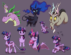 Size: 1024x790 | Tagged: safe, artist:heilos, discord, nightmare moon, spike, twilight sparkle, alicorn, classical unicorn, draconequus, dragon, pony, unicorn, adult, adult spike, bust, cloven hooves, cup, curved horn, ethereal mane, female, glowing horn, gray background, leonine tail, magic, mare, music notes, older, older spike, portrait, simple background, spikezilla, starry mane, telekinesis, tired, twilight sparkle (alicorn), unshorn fetlocks