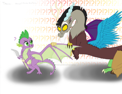 Size: 1024x791 | Tagged: safe, artist:fluffeh-shiba, discord, spike, draconequus, dragon, g4, molt down, confused, duo, even discord confused of those, exclamation point, feather, looking back, male, question mark, simple background, watermark, white background, winged spike, wings